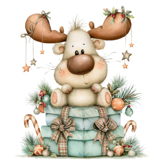 cream moose, soft brown, sage green, coral orange, whimsical, christmas, holiday, winter, animals, woodland, reindeer, stars, candy canes, ornaments, plaid, gingham, rustic, vintage, festive, cozy, baby, nursery, children's, cute, decorative, nature, forest, gift boxes, bows, pine branches