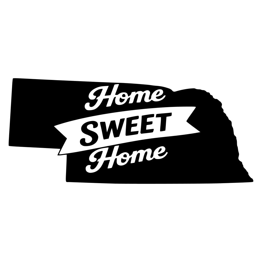 black and white, home sweet home, nebraska, state silhouette, vintage, rustic, banner, typography, text design, farmhouse, cottage core, cozy home, welcome, inspirational, retro, classic, monochrome, geographic, americana, home decor, wall hanging, novelty print, script lettering, ribbon banner, home themed, traditional, nostalgic, housewarming