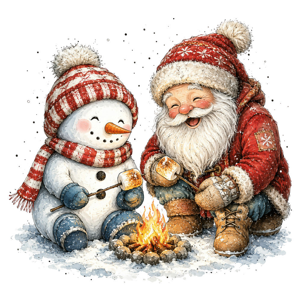 christmas, holiday, santa, snowman, winter, red and white, cream, navy blue, orange, festive, whimsical, vintage, traditional, cozy, campfire, marshmallows, roasting, snow, winter scene, cheerful, jolly, rustic, nostalgic, seasonal, children's, storybook, illustration, december, yuletide
