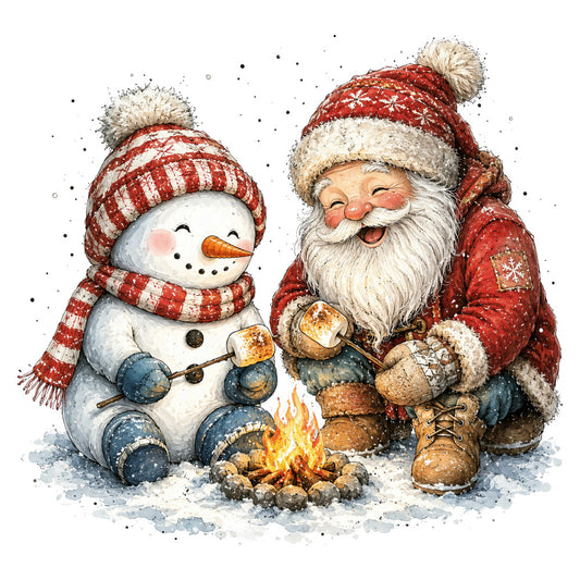 christmas, holiday, santa, snowman, winter, red and white, cream, navy blue, orange, festive, whimsical, vintage, traditional, cozy, campfire, marshmallows, roasting, snow, winter scene, cheerful, jolly, rustic, nostalgic, seasonal, children's, storybook, illustration, december, yuletide
