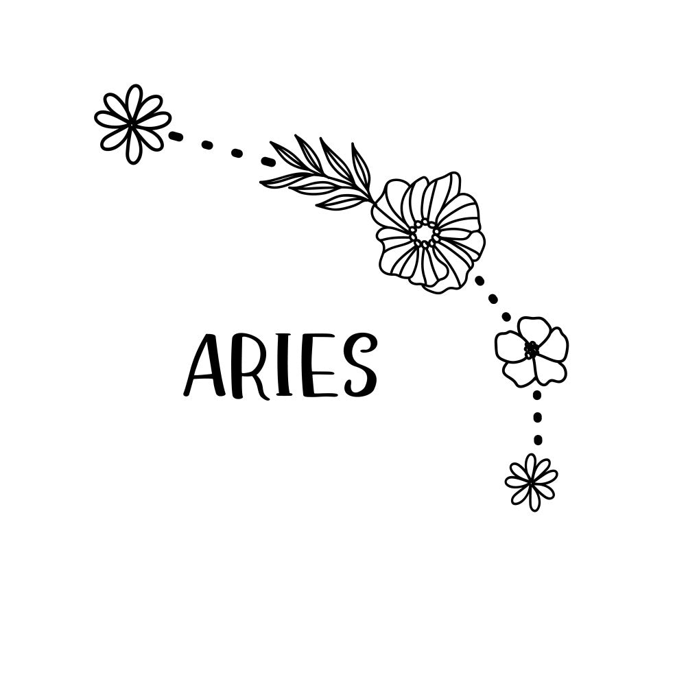 aries, zodiac, floral, line drawing, black and white, minimalist, botanical, flowers, leaves, nature, whimsical, modern, elegant, astrology, constellation, spring, summer, line art, daisy, simple design, decorative, celestial, horoscope, sketch style, understated, delicate, artistic, contemporary
