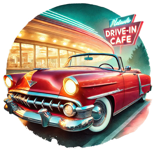 vintage car, retro automobile, 1950s diner, drive-in cafe, classic convertible, cherry red, turquoise, teal, coral pink, golden yellow, chrome details, neon sign, nostalgic, mid-century modern, americana, retro diner, vintage americana, hot rod, convertible car, illuminated sign, warm glow, cool tones, transportation, automotive, 1950s style, retro aesthetic, wall hanging, novelty print, whimsical vintage, Americana theme