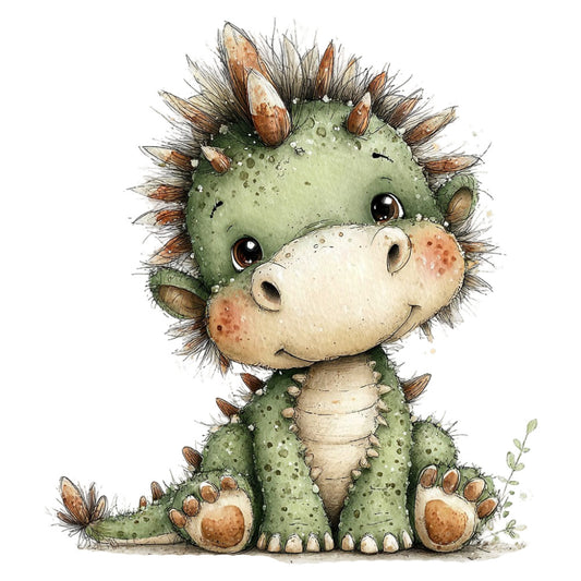 sage green, cream, brown, tan, spiky, dragon, dinosaur, cute, whimsical, children's, baby, nursery, animals, fantasy creatures, playful, illustration, watercolor, soft, gentle, adorable, storybook, woodland, nature-inspired, magical, quirky, unique, mother and baby, nurturing, peaceful, springtime