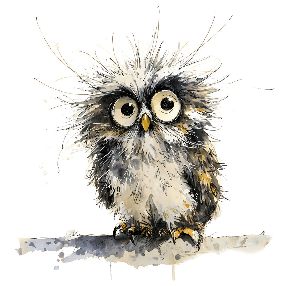 owl, watercolor owl, whimsical owl, black and white owl, charcoal gray, cream, golden yellow, ink wash, splatter art, bird illustration, woodland animal, nature inspired, whimsical style, rustic charm, modern watercolor, artistic rendering, expressive brushwork, contemporary art, autumn tones, neutral palette, quirky bird, curious owl, wide eyed owl, forest theme, animal motif, hand painted effect, ink splatter, grunge style, bohemian art, wall hanging worthy
