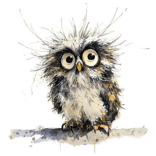 owl, watercolor owl, whimsical owl, black and white owl, charcoal gray, cream, golden yellow, ink wash, splatter art, bird illustration, woodland animal, nature inspired, whimsical style, rustic charm, modern watercolor, artistic rendering, expressive brushwork, contemporary art, autumn tones, neutral palette, quirky bird, curious owl, wide eyed owl, forest theme, animal motif, hand painted effect, ink splatter, grunge style, bohemian art, wall hanging worthy