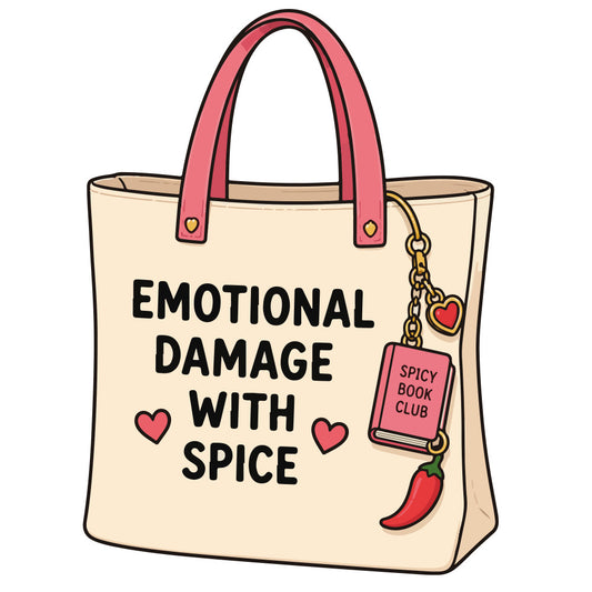cream, coral pink, red, heart motif, book club, spicy book club, emotional damage, humorous text, funny sayings, tote bag design, literary theme, book lover, reading enthusiast, whimsical, modern, playful, sarcastic humor, pink handles, red chili pepper, gold accents, charm details, trendy, contemporary, pop culture, novelty print, conversation starter, gift-worthy, statement piece