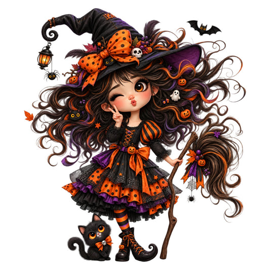 halloween, witch, orange, purple, black, whimsical, autumn, fall, spooky, pumpkins, jack-o-lantern, black cat, bats, ghosts, skulls, candy corn, stars, polka dots, striped, festive, children's, playful, cute, dark orange, deep purple, charcoal, fantasy, magical, holiday, trick-or-treat