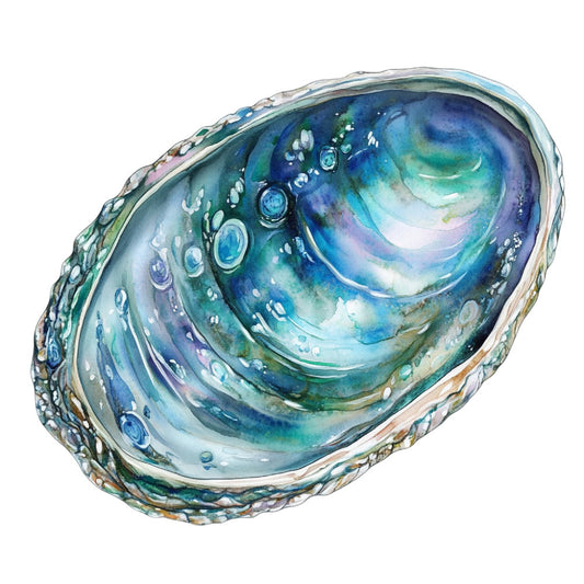 Watercolor Sea Shells Fabric Panel 1 featuring a detailed blue and green abalone shell design on premium quilting cotton.