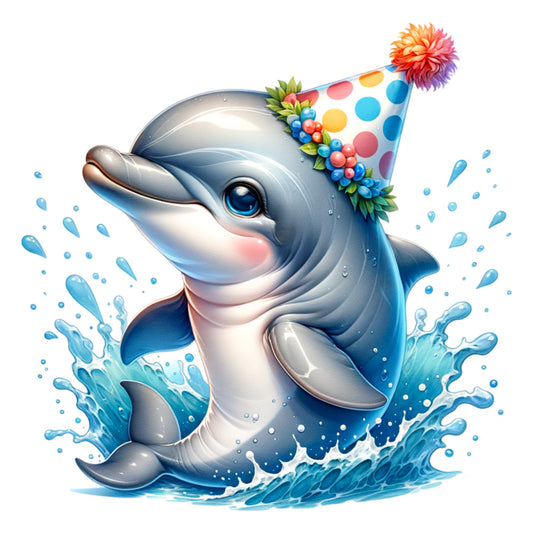 watercolor, cute dolphin, party hat, polka dots, blue, white, gray, pink, orange, water splash, marine animal, celebratory, whimsical, fabric panel, cotton panel, quilting fabric, ocean theme, birthday theme, children's fabric, bright colors