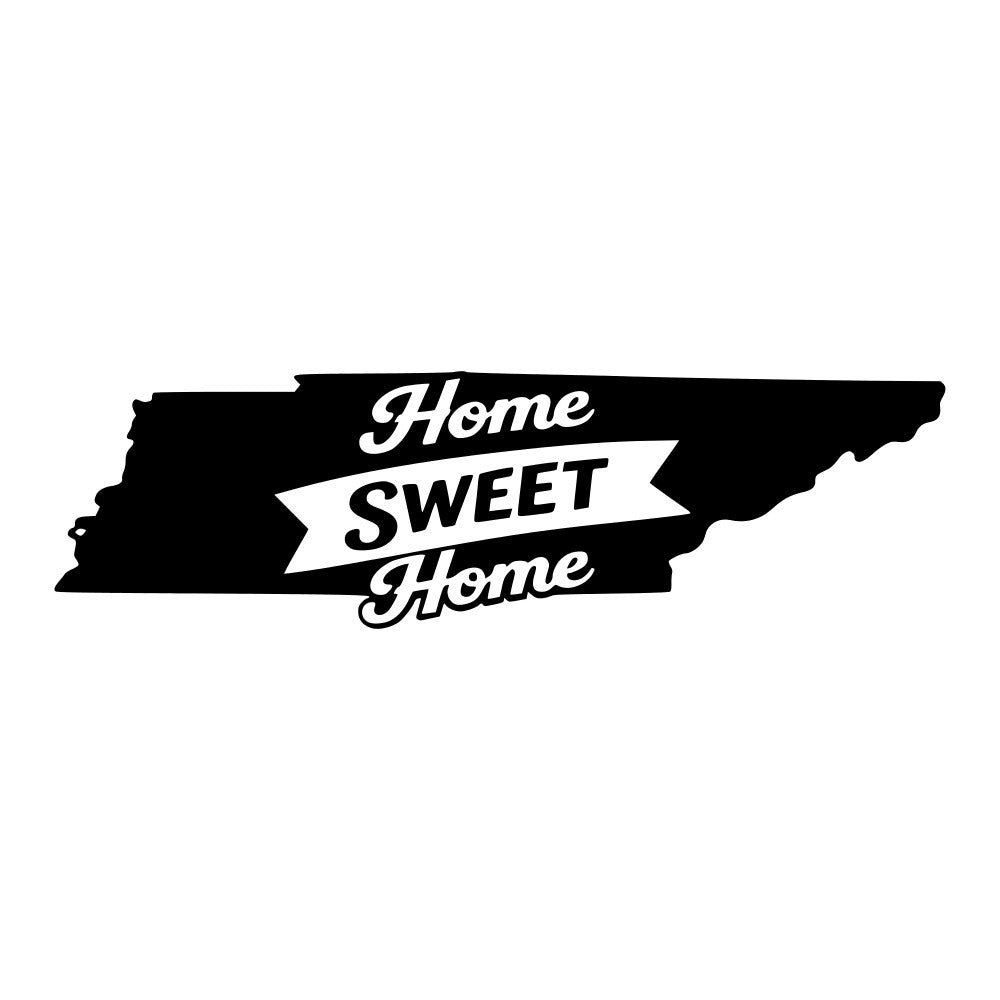 black, white, home sweet home, vintage, retro, banner, typography, text design, rustic, farmhouse, state silhouette, tennessee, geographic, inspirational, home decor, wall art, modern farmhouse, minimalist, monochrome, classic, traditional, cottage style, housewarming, home themed, decorative text, ribbon banner, bold design, contemporary, statement piece