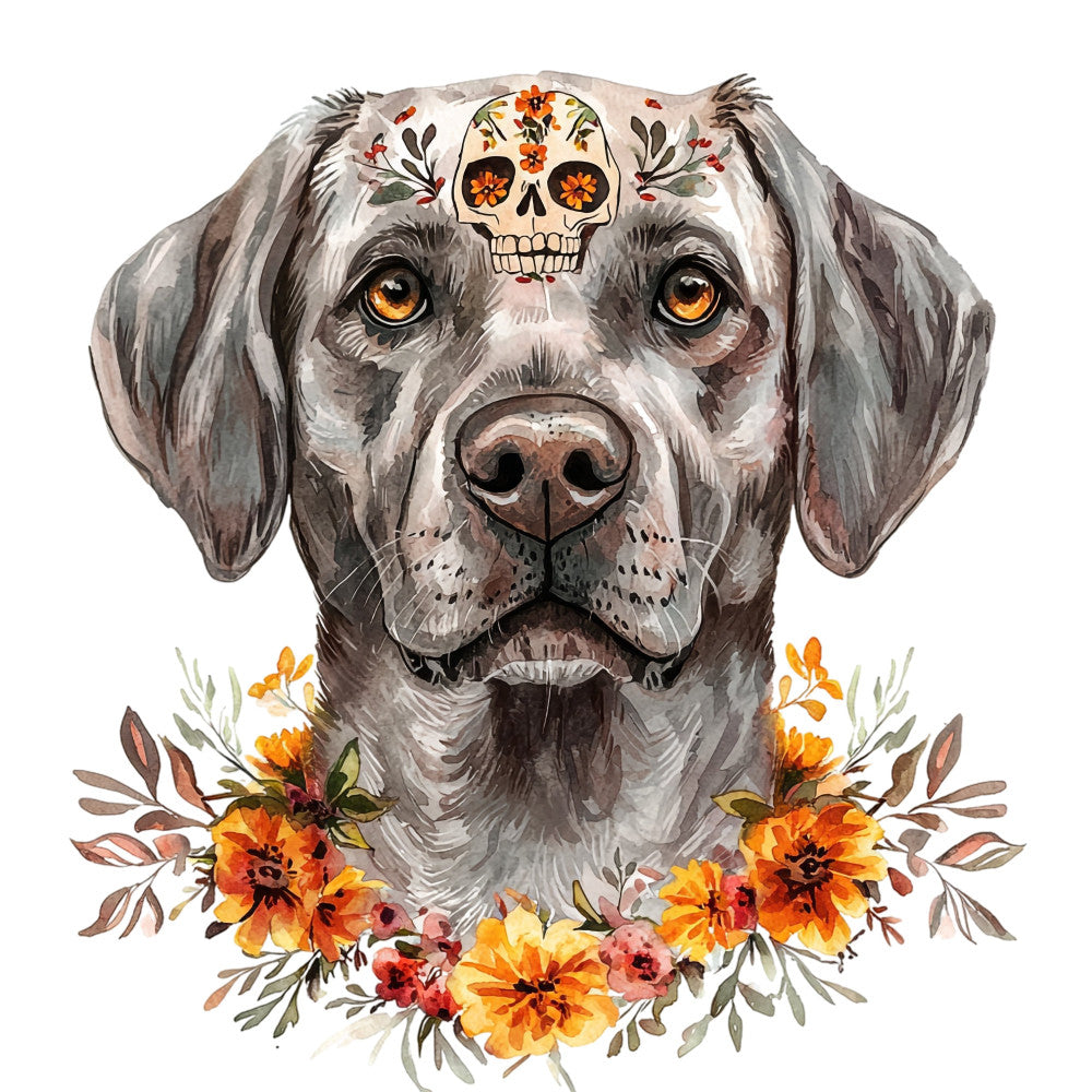 dog, sugar skull, gray, white, orange, golden yellow, burnt orange, floral, botanical, animals, dog portrait, day of the dead, día de muertos, whimsical, bohemian, modern, folk art, decorative flowers, marigolds, wildflowers, autumn, fall, mexican inspired, artistic, illustrative, amber eyes, nature themed, vibrant, artistic portrait