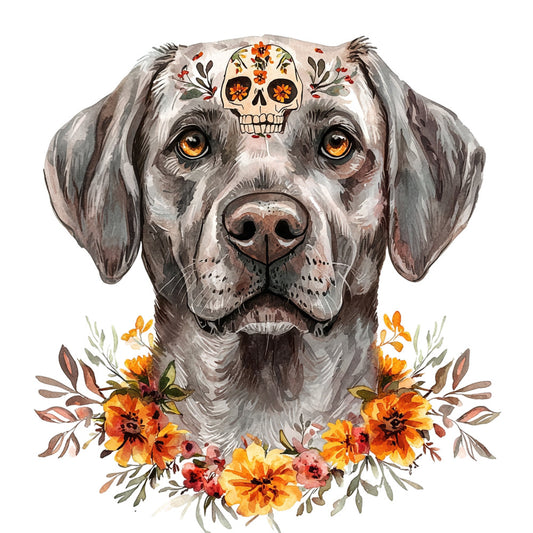 dog, sugar skull, gray, white, orange, golden yellow, burnt orange, floral, botanical, animals, dog portrait, day of the dead, día de muertos, whimsical, bohemian, modern, folk art, decorative flowers, marigolds, wildflowers, autumn, fall, mexican inspired, artistic, illustrative, amber eyes, nature themed, vibrant, artistic portrait