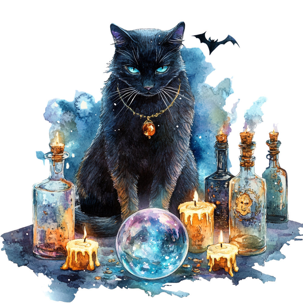 black cat, mystical, celestial, witchy, halloween, magical, crystal ball, potion bottles, candles, turquoise blue, deep blue, gold accents, purple, watercolor, ethereal, fantasy, dark academia, moon phase, spell, enchanted, gothic, elegant, bohemian, mystique, starry, supernatural, wall hanging, magical creatures, night sky, spell book aesthetic