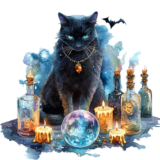 black cat, mystical, celestial, witchy, halloween, magical, crystal ball, potion bottles, candles, turquoise blue, deep blue, gold accents, purple, watercolor, ethereal, fantasy, dark academia, moon phase, spell, enchanted, gothic, elegant, bohemian, mystique, starry, supernatural, wall hanging, magical creatures, night sky, spell book aesthetic
