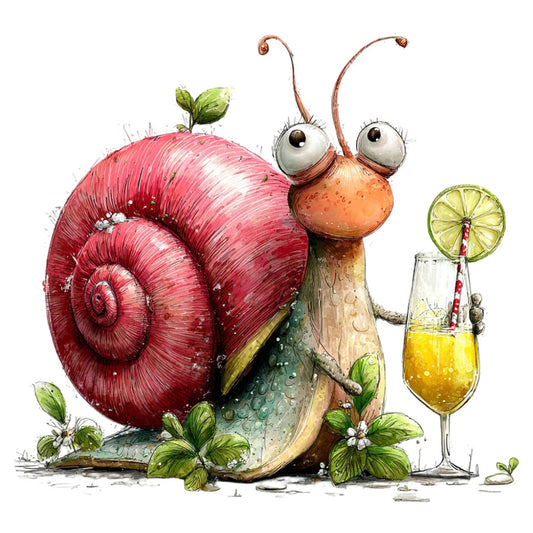 coral pink, burgundy red, sage green, cream, yellow, whimsical, snail, nature, animals, insects, garden, beverage, citrus lime, cocktail, humorous, quirky, playful, illustration, watercolor style, botanical, summer, spring, whimsy, children's, storybook, fantasy, adorable, cute, conversation print