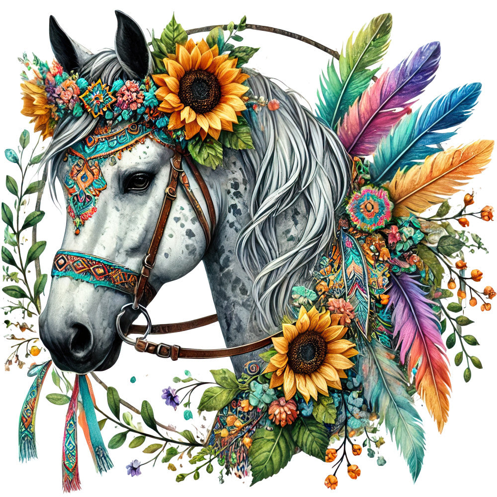 boho horse, gray horse, dapple gray, sunflowers, colorful feathers, floral crown, geometric patterns, native american inspired, bohemian style, fabric panel, quilting cotton, turquoise accents, orange blooms, purple feathers, decorative bridle, wildflowers, artistic illustration, nature motifs, tribal designs, crafting fabric