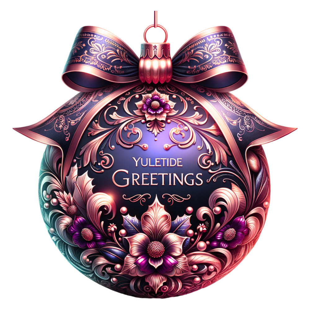 christmas ornament, fabric panel, deep purple, rose gold, metallic accents, ornate florals, baroque patterns, decorative bow, holiday motifs, intricate scrollwork, jewel tones, elegant design, seasonal fabric, quilting cotton, festive ornament, detailed artwork, rich colors, holiday crafting, christmas sewing, ornamental design