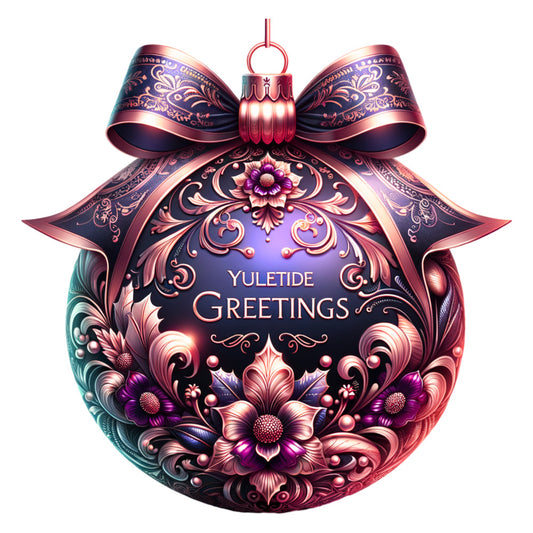 christmas ornament, fabric panel, deep purple, rose gold, metallic accents, ornate florals, baroque patterns, decorative bow, holiday motifs, intricate scrollwork, jewel tones, elegant design, seasonal fabric, quilting cotton, festive ornament, detailed artwork, rich colors, holiday crafting, christmas sewing, ornamental design