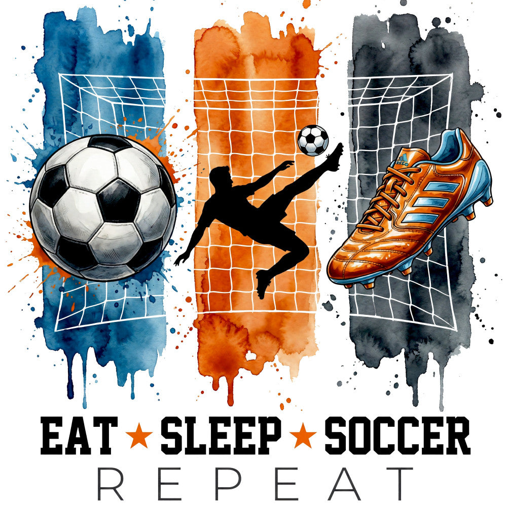soccer, sports, eat sleep soccer repeat, soccer ball, athletic, orange, blue, gray, charcoal, watercolor, abstract, splatter, soccer player, cleats, football boots, goal net, silhouette, inspirational, motivational, youth sports, team sports, modern, vibrant, dynamic, action-themed, sports enthusiast, soccer fan, quote design, watercolor splatter, geometric net pattern