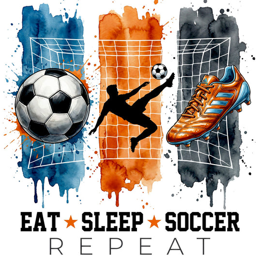 soccer, sports, eat sleep soccer repeat, soccer ball, athletic, orange, blue, gray, charcoal, watercolor, abstract, splatter, soccer player, cleats, football boots, goal net, silhouette, inspirational, motivational, youth sports, team sports, modern, vibrant, dynamic, action-themed, sports enthusiast, soccer fan, quote design, watercolor splatter, geometric net pattern