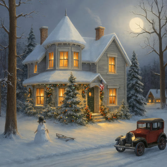 winter scene, snow, vintage car, holiday, christmas, festive, nostalgic, cozy cottage, moonlight, night sky, evergreen trees, decorated house, warm lights, golden yellow, cream, gray, white, cold blue, rustic, traditional, whimsical, magical, storybook, americana, vintage auto, seasonal, winter landscape, snowy scene, full moon, holiday decorations