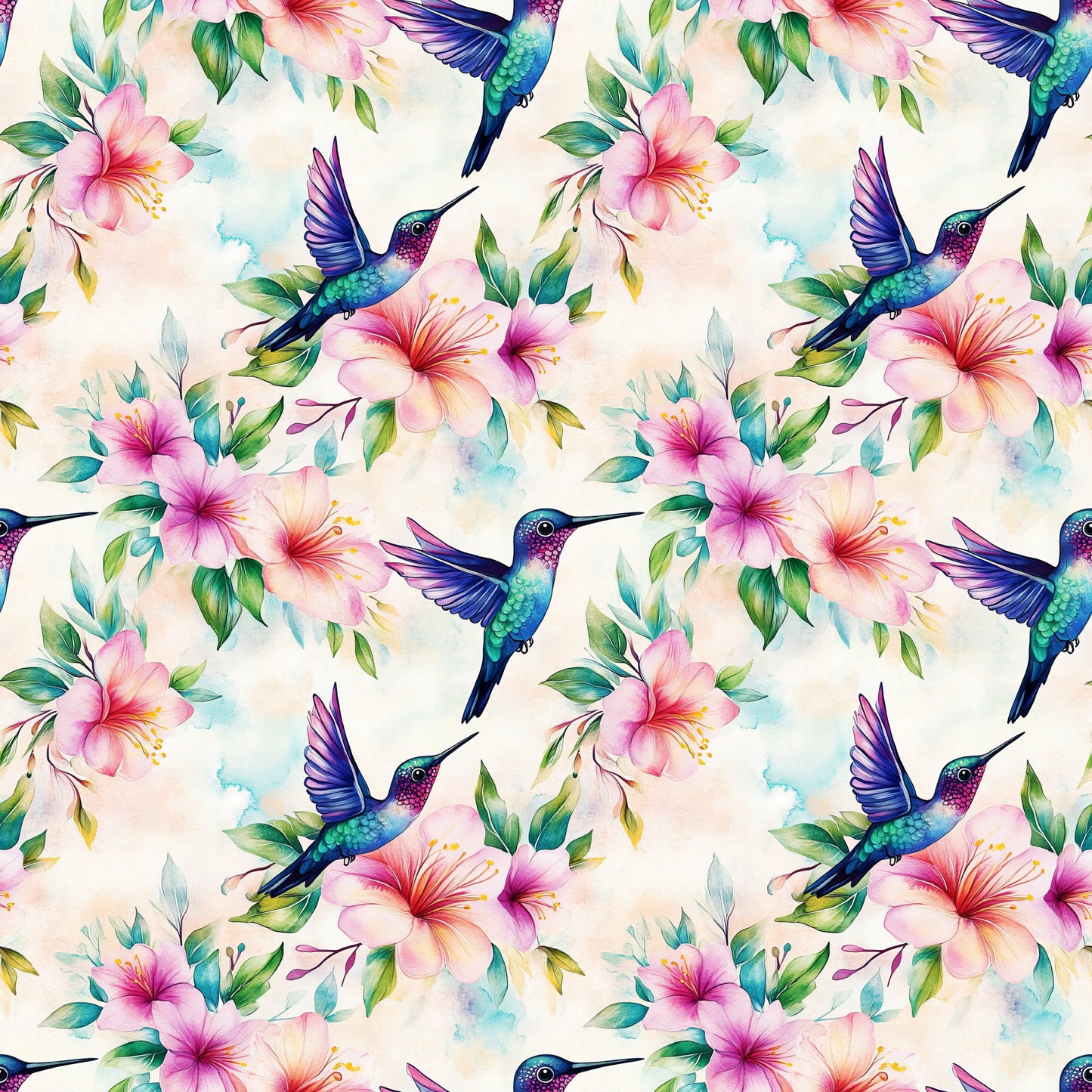 Watercolor Hummingbirds and Hibiscus Pattern 1 Quilting Cotton Fabric