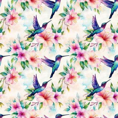 Watercolor Hummingbirds and Hibiscus Pattern 1 Quilting Cotton Fabric
