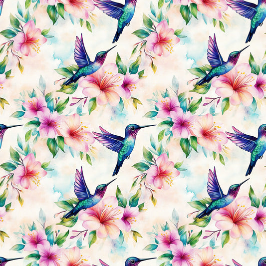Watercolor Hummingbirds and Hibiscus Pattern 1 Quilting Cotton Fabric