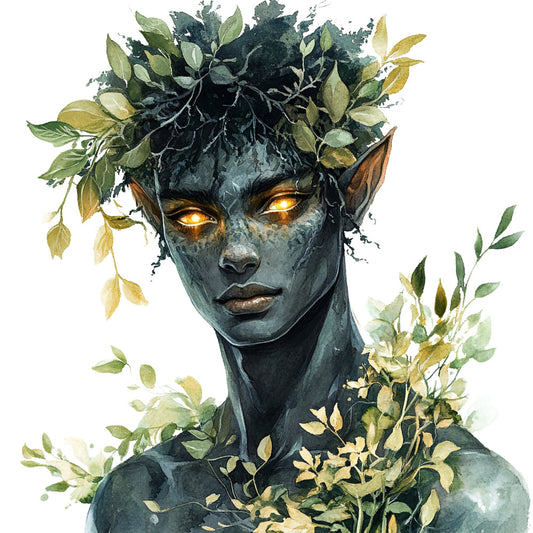 dark teal, slate blue, gold, bronze, forest green, chartreuse, nature, botanical, face, portrait, mystical, fantasy, ethereal, whimsical, elegant, artistic, modern, leaves, foliage, organic, goddess, magical, glowing eyes, surreal, abstract nature, dark academia, celestial, autumn, earthy tones, wall art