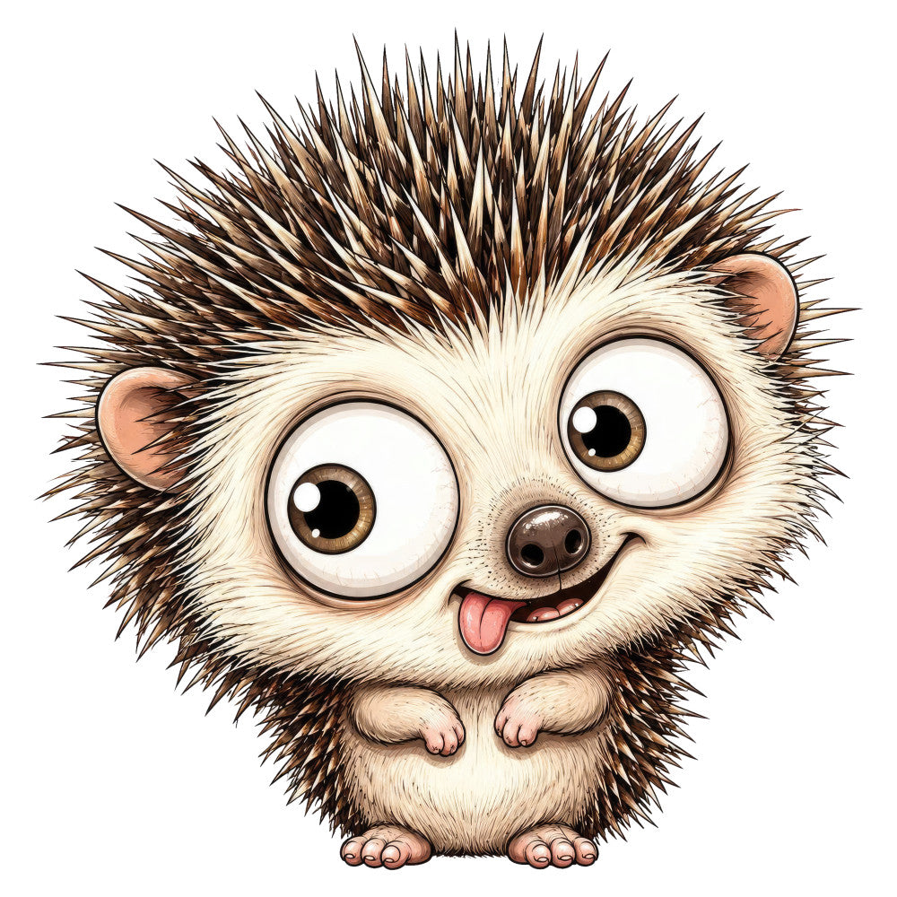 cute animal, hedgehog, spiky quilt, cream white, brown, tan, beige, whimsical, playful, children's fabric, baby quilt, nursery, cartoon character, expressive eyes, funny animal, cheerful, playful expression, tongue out, smiling, adorable creature, novelty print, character fabric, kid's room, whimsical animal, decorative panel, illustration style, natural tones, woodland creature