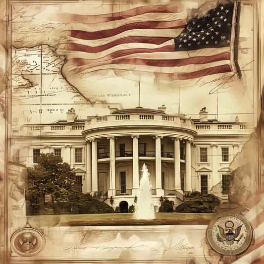 american flag, white house, patriotic, vintage, sepia tone, cream, tan, beige, rust red, burgundy, stars, architectural, government, historical, americana, elegant, traditional, nostalgic, map motif, blueprint, antique, collage, mixed media, wall hanging, home decor, patriotic quilt, presidential, heritage, classic american