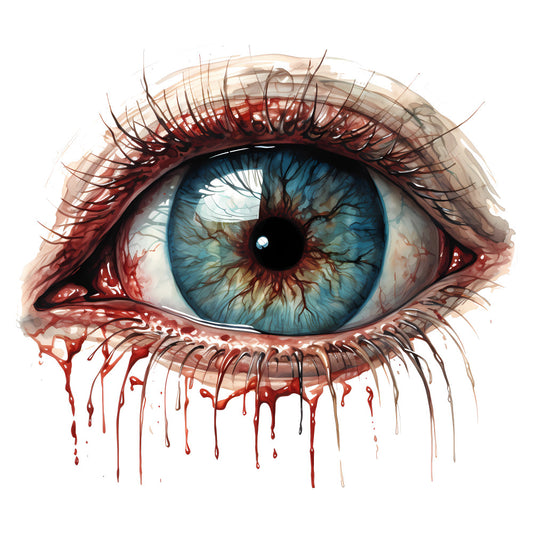 blue eye, striking eye, dramatic eye, eye illustration, anatomical eye, realistic eye, blood red, crimson, deep blue, teal blue, dark red, gothic, horror, dramatic, surreal, edgy, modern art, contemporary, artistic, expressive, eye motif, detailed eye, intricate details, dark aesthetic, intense, emotional, statement print, bold design, eye-catching