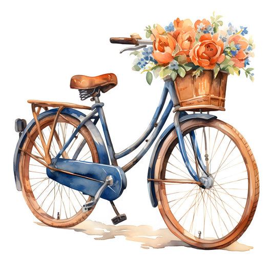 navy blue, rust orange, coral orange, terracotta, sage green, dusty blue, vintage bicycle, floral bouquet, orange roses, blue flowers, botanical, cottage core, rustic, vintage, whimsical, spring, summer, nature, flowers, bike, cycling, transportation, romantic, countryside, farmhouse, traditional, nostalgic, retro, decorative panel, home decor