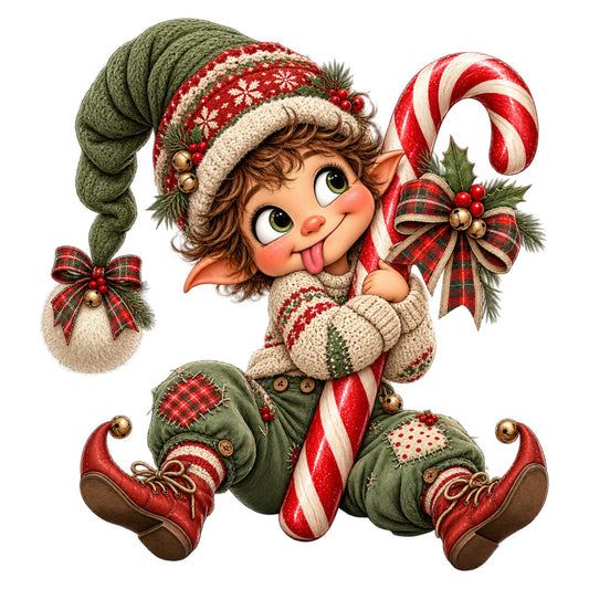 christmas elf, holiday, whimsical, festive, red, cream, forest green, candy cane striped, plaid, peppermint, vintage, elf character, joyful, playful, tartan, holly berries, evergreen, winter, seasonal, traditional christmas, children's, cute, folk art, retro, nostalgic, decorative panel, wall hanging, christmas quilt, holiday home decor, embellished