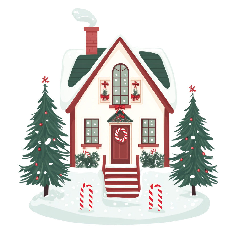 christmas, holiday, winter, gingerbread house, festive, red and white, forest green, cream, candy cane, evergreen trees, peppermint, wreaths, snow, cottage, cozy, traditional, whimsical, vintage, nostalgic, seasonal, home decor, decorative, chimney, garland, windows, doors, red roof, striped, rustic, cheerful