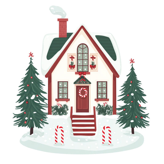 christmas, holiday, winter, gingerbread house, festive, red and white, forest green, cream, candy cane, evergreen trees, peppermint, wreaths, snow, cottage, cozy, traditional, whimsical, vintage, nostalgic, seasonal, home decor, decorative, chimney, garland, windows, doors, red roof, striped, rustic, cheerful