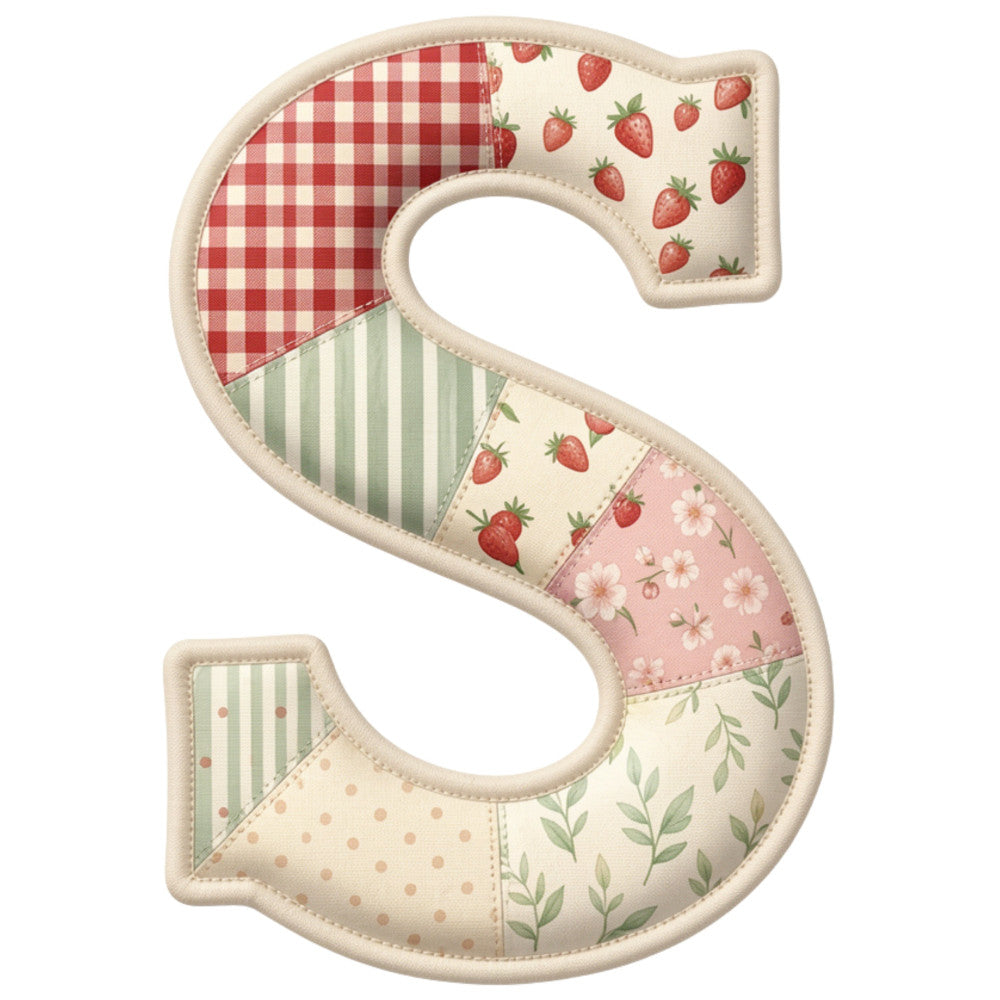 strawberry, gingham, red and white check, floral, striped, polka dot, cream, sage green, dusty rose, vintage, farmhouse, cottage core, patchwork, spring, summer, nature, botanical, leaves, flowers, traditional, sweet, rustic, country, charming, quilt panel, letter s, alphabet, nursery, baby, whimsical