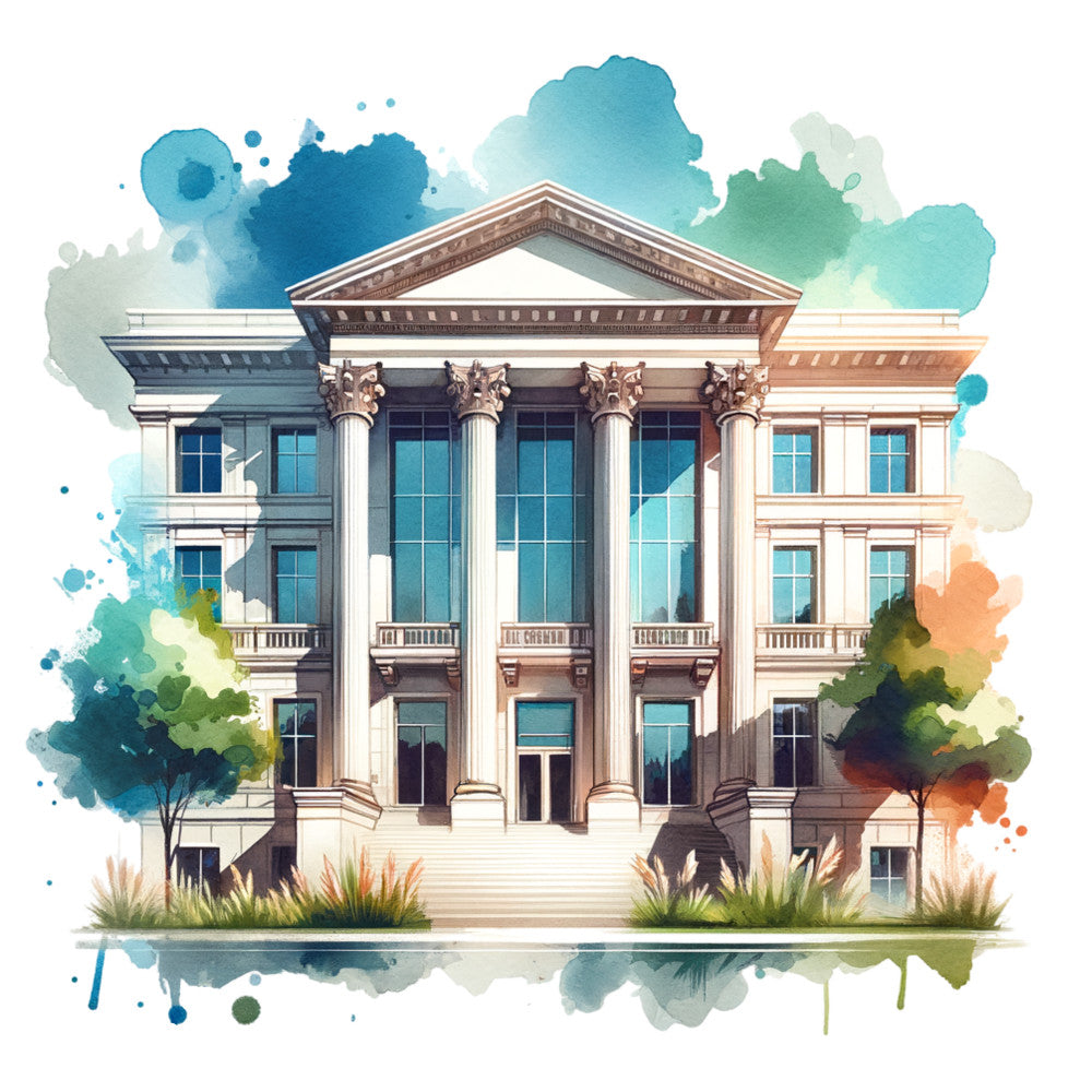 classical architecture, neoclassical building, watercolor art, aquarelle style, teal blue, sage green, cream white, coral orange, turquoise, soft pastels, abstract splashes, ink wash, botanical, landscape, historic building, columned mansion, government building, formal architecture, elegant, sophisticated, vintage inspired, artistic, decorative, home decor, wall art, watercolor technique, nature inspired background, spring colors