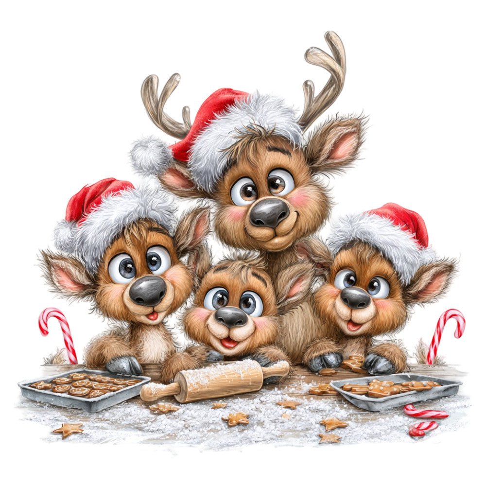 christmas, holiday, reindeer, cute animals, festive, red and white, cream, brown, tan, whimsical, playful, children, kids, baking, cookies, gingerbread, candy canes, santa hats, christmas baking, jolly, cheerful, desserts, kitchen, whimsy, seasonal, winter, family, decorative, panel design