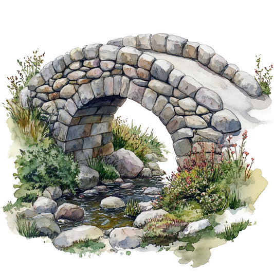 stone bridge, watercolor style, countryside scene, stream, flowing water, gray stones, green foliage, wildflowers, natural landscape, fabric panel, quilting cotton, earth tones, botanical elements, rustic charm, pastoral scene, muted colors, organic shapes, garden design, nature motifs