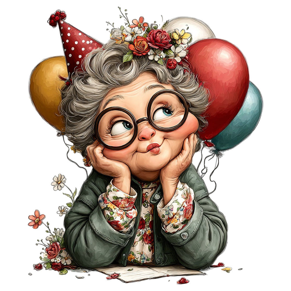 grandmother illustration, whimsical character, elderly woman, glasses, gray hair, party hat, balloons, floral bouquet, roses, daisies, vintage style, playful, cheerful, festive, celebration, birthday theme, colorful balloons, botanical flowers, red roses, cream ivory, forest green, coral pink, gold accents, whimsical illustration, character fabric, novelty print, joyful, sweet grandmother, decorative portrait, children's theme