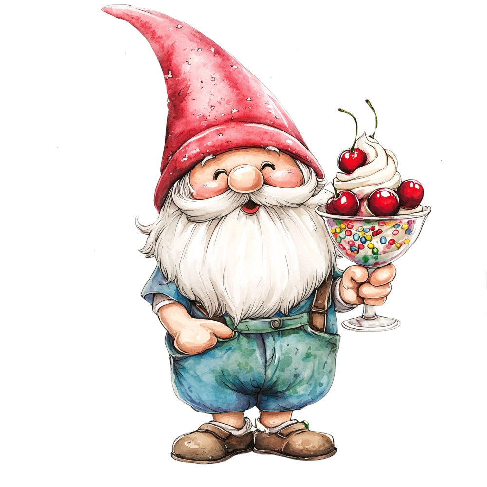 garden gnome, red hat, white beard, whimsical, fantasy character, dessert, ice cream sundae, cherries, colorful sprinkles, blue shorts, brown shoes, cheerful, playful, holiday, Christmas, gnome figurine, cute character, children's illustration, festive, magical, garden theme, seasonal, wall hanging, children's quilt, cream, coral pink, forest green, charcoal blue, rustic, folk art