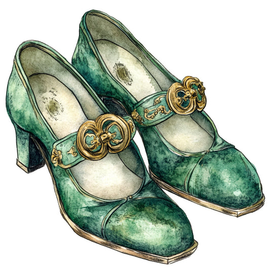 teal green, emerald green, seafoam green, cream, gold, vintage shoes, ornate buckles, decorative clasps, historical fashion, renaissance, medieval, ornamental, elegant, sophisticated, vintage illustration, detailed artwork, costume design, historical clothing, fancy footwear, ornate details, classic style, traditional, decorative arts, period costume, luxury fashion, detailed illustration, ornamental buckles, vintage aesthetic, fashion history