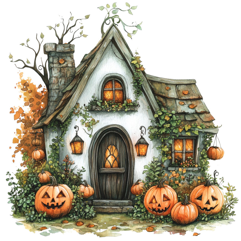 watercolor painting, autumn cottage, jack-o-lanterns, pumpkins, orange gourds, halloween scene, whimsical house, stone chimney, arched door, lanterns, ivy vines, fall foliage, carved pumpkins, fairy tale cottage, seasonal panel, quilting fabric, orange and green, rustic charm, spooky decoration, harvest theme
