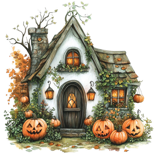 watercolor painting, autumn cottage, jack-o-lanterns, pumpkins, orange gourds, halloween scene, whimsical house, stone chimney, arched door, lanterns, ivy vines, fall foliage, carved pumpkins, fairy tale cottage, seasonal panel, quilting fabric, orange and green, rustic charm, spooky decoration, harvest theme