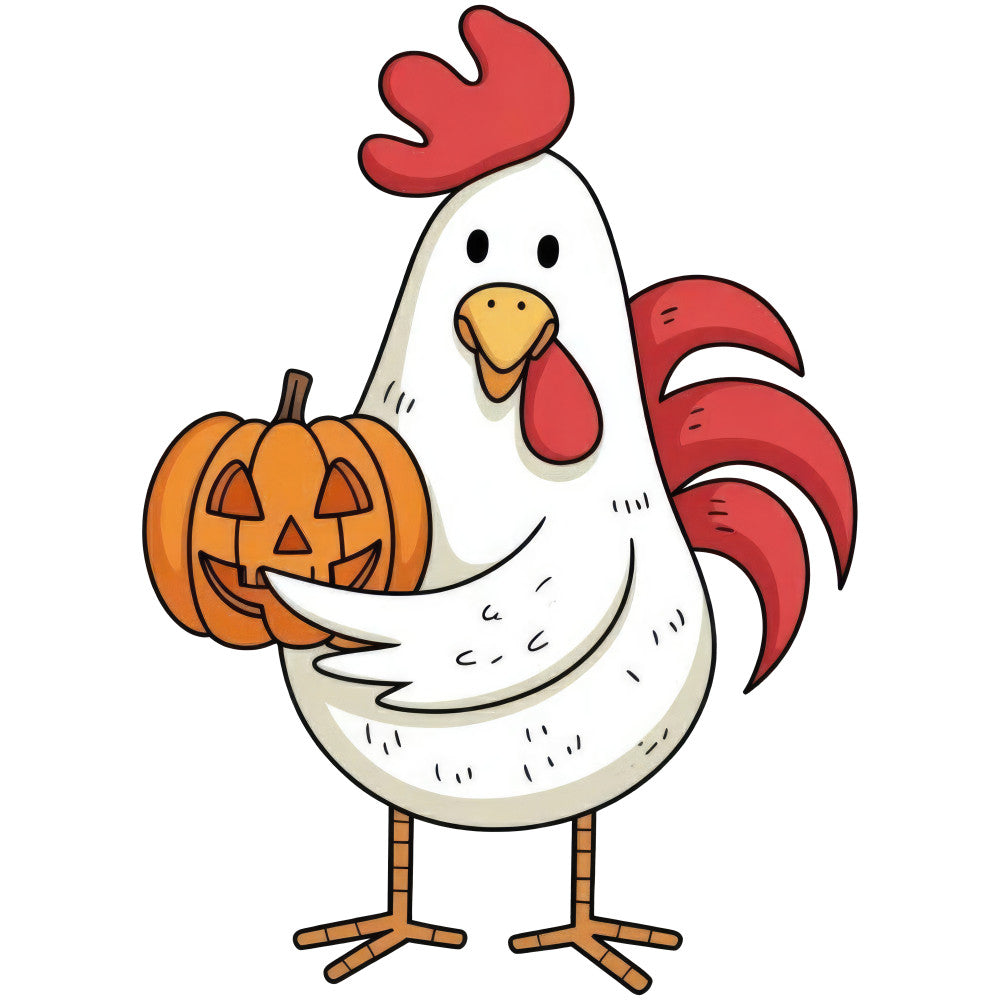 rooster, pumpkin, jack-o-lantern, halloween, autumn, fall, cream white, red, orange, golden yellow, farmhouse, whimsical, folk art, country, rustic, seasonal, harvest, spooky, festive, animal motif, poultry, decorative, cottage core, traditional, seasonal home decor, holiday themed, autumn harvest, thanksgiving, october