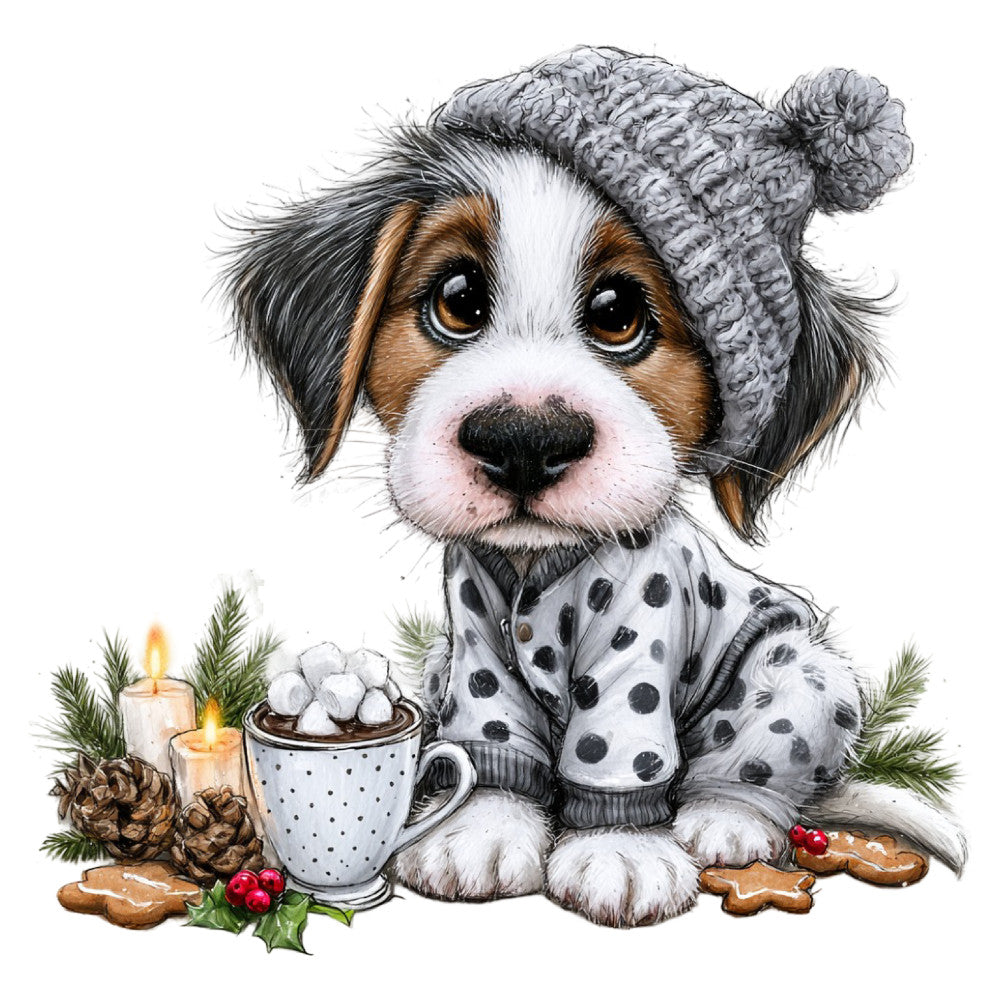 puppy, dog, winter, christmas, holiday, cozy, knit sweater, beanie, hot chocolate, marshmallows, gingerbread cookies, candles, pine branches, pinecones, holly berries, festive, whimsical, cute animals, cream white, charcoal gray, golden brown, warm tones, child-friendly, nursery, baby, illustration, charming, seasonal, cold weather, comfort