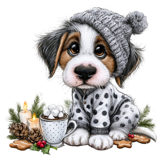 puppy, dog, winter, christmas, holiday, cozy, knit sweater, beanie, hot chocolate, marshmallows, gingerbread cookies, candles, pine branches, pinecones, holly berries, festive, whimsical, cute animals, cream white, charcoal gray, golden brown, warm tones, child-friendly, nursery, baby, illustration, charming, seasonal, cold weather, comfort