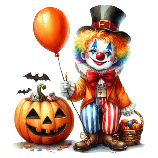 halloween clown, orange balloon, jack-o-lantern, pumpkin, autumn, fall, holiday, whimsical, festive, orange, red, blue, yellow, rainbow, striped, top hat, bow tie, colorful, vintage, cheerful, spooky, trick-or-treat, costume, circus, children's, seasonal, decorative, playful, retro