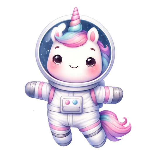 unicorn, astronaut, space, cosmic, whimsical, pastel pink, lavender, soft blue, rainbow mane, cute, magical, celestial, child-friendly, nursery, baby, girl, fantasy, adorable, starry sky, horn, spaceship, modern, playful, dreamy, gradient, soft purple, mint green, sweet, character panel, kids fabric